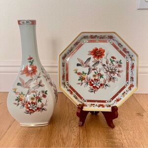 Vista Alegre Magnolia Pattern Flower & Birds Octagon Tray Plate 8.5” & Vase 11”H